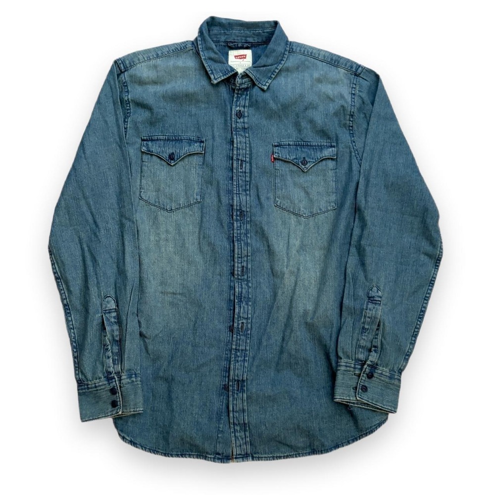 Vintage Levis Blue Washed Denim Western Button Down Shirt Mens Large